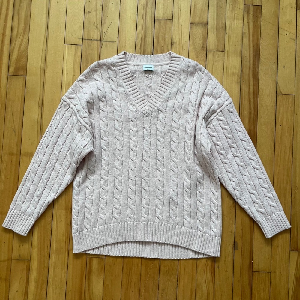 Sunday Best Pink Cream Cable Knit V Neck Oversized Sweater Size S